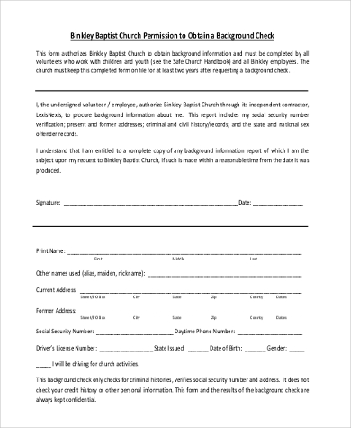 chruch background check authorization form example