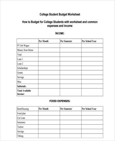 college student budget form