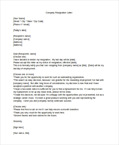 company resign letter printable