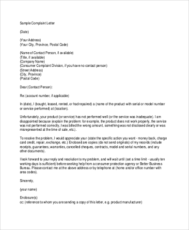 complaint of product letter