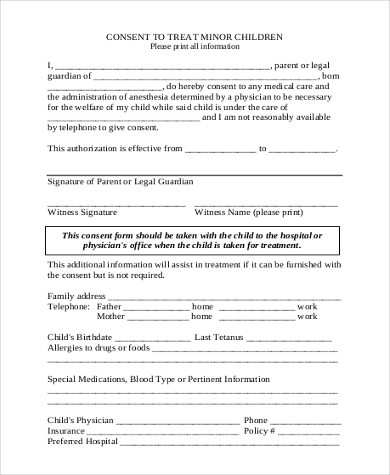 health child form release for Form Sample PDF   Word, Treat to Consent Documents 7  Free in