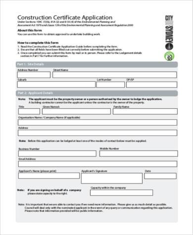 construction certificate application form