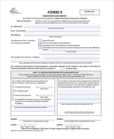 construction contract variation form