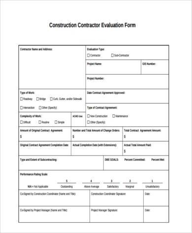 construction contractor evaluation form