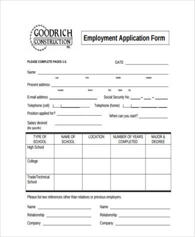 construction employment application form