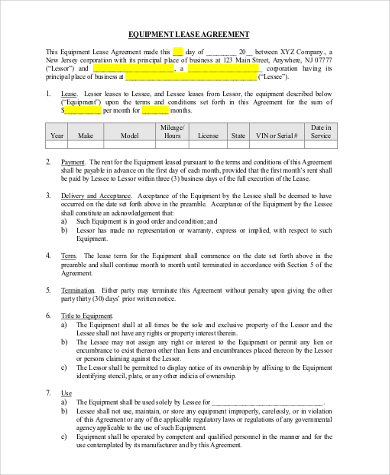 construction equipment lease agreement