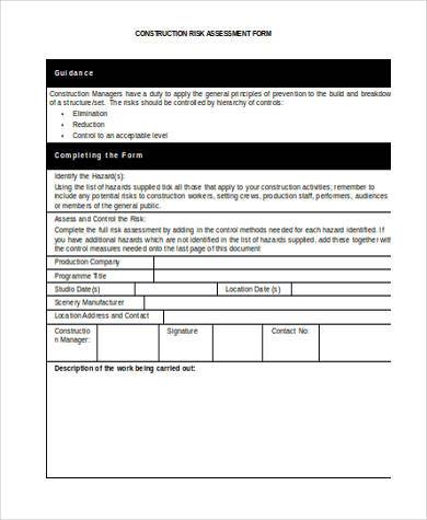 construction risk assessment form in word format