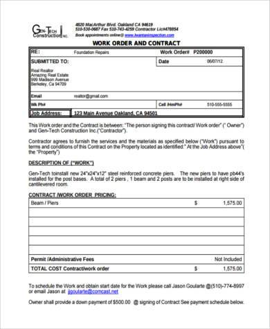 construction work order form example