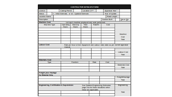 free printable contractors estimate template