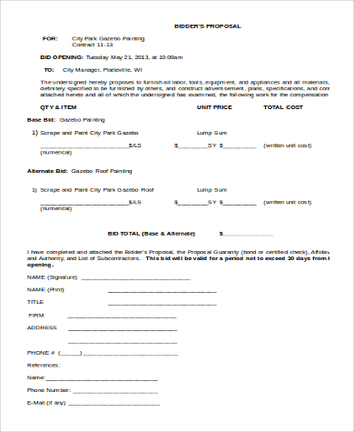 contractor proposal bid form