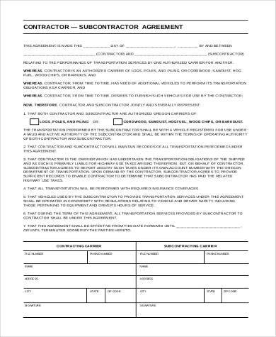 contractor subcontractor agreement form