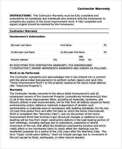 contractor warranty form free