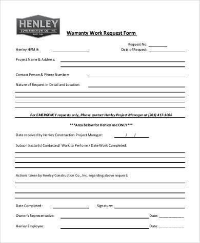 contractor warranty request form
