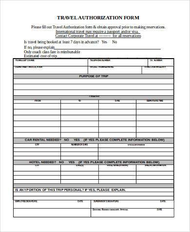 corporate travel authorization form