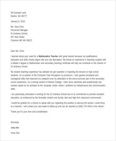 job application cover letter for teacher