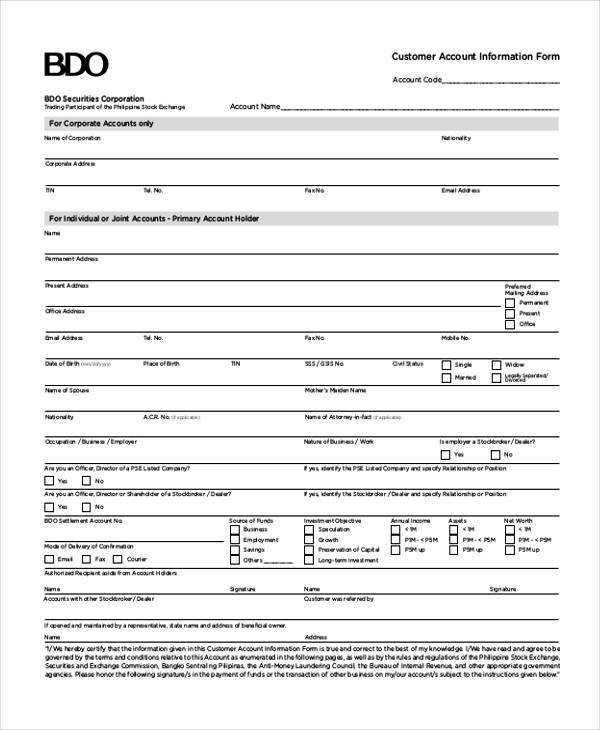 customer account information form