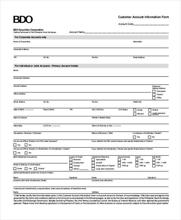 Printable Basic Customer Information Form Template Word