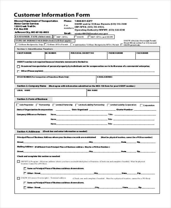 customer information form in pdf