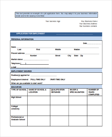 customizeable employee job application form