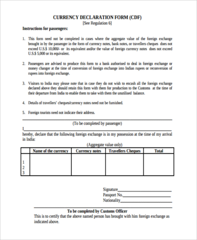 customs currency declaration form