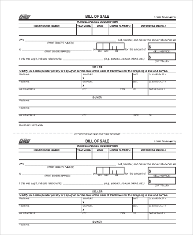 dmv auto bill of sale form