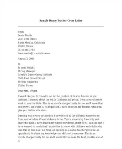 letter of application dance teacher