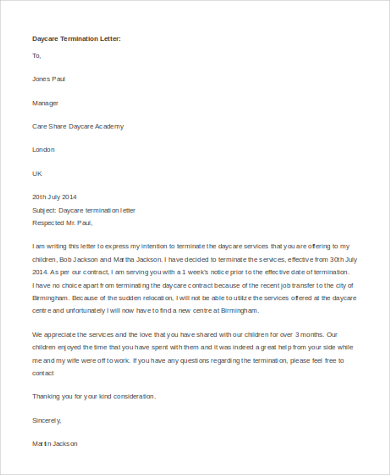 daycare termination letter