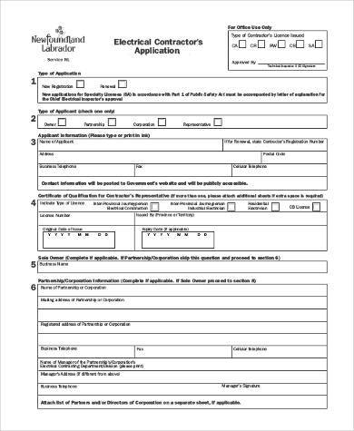 electrical contractor application form