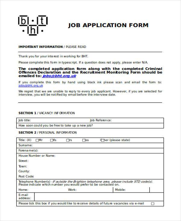 email job application form sample