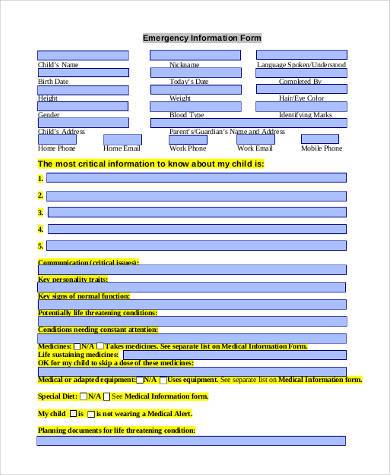 emergency information form in pdf