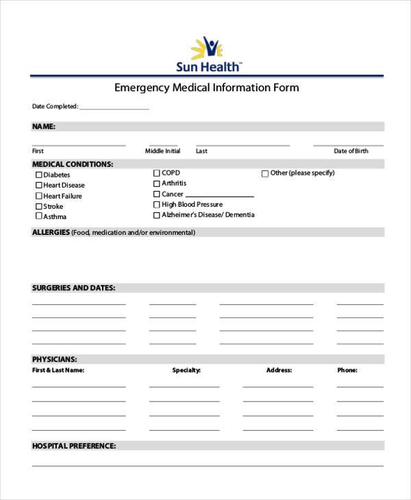 emergency medical information form