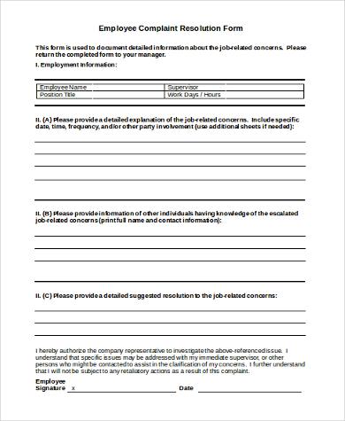 employee complaint resolution form