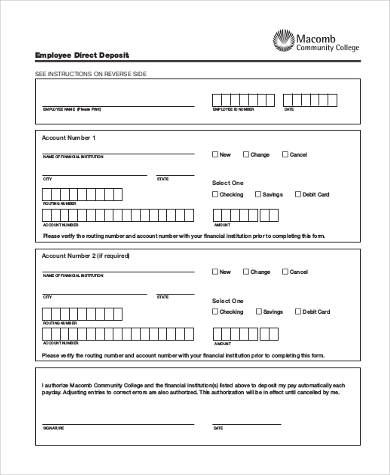 employee direct deposit form example