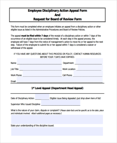 employee disciplinary action appeal form 