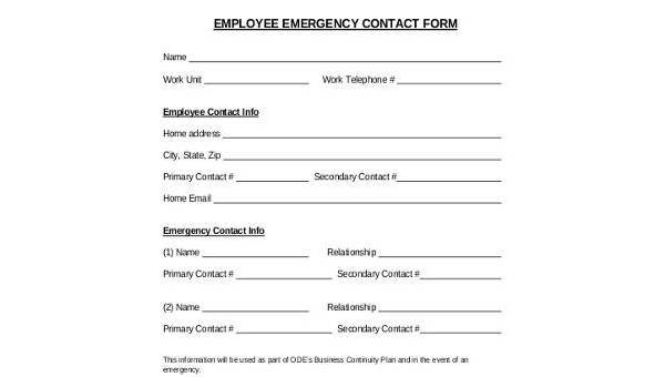 Free Employee Emergency Contact Form Pdf Word Eforms Free Printable 