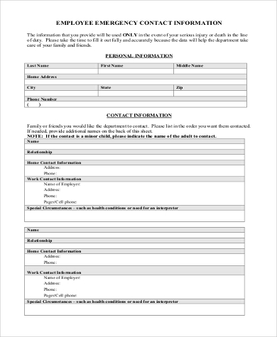 Emergency Contact Template Word Master Template