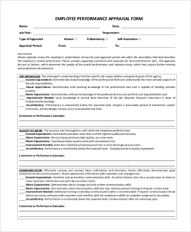 employee performance evaluation appraisal form