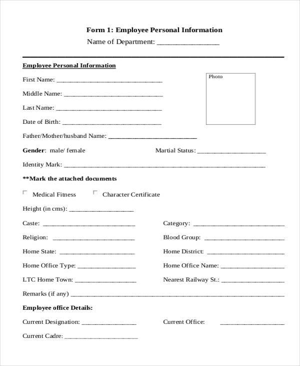 employee personal information form