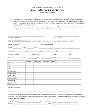 employee physical examination form