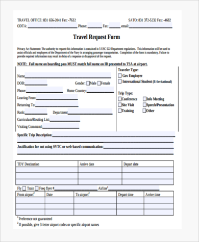 travel request form for employees template