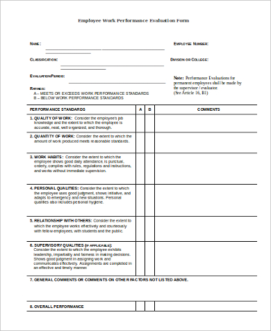 employee work performance evaluation form