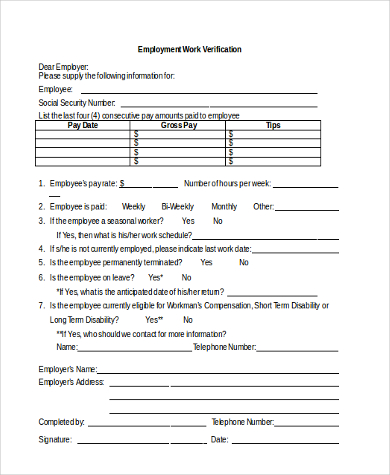 employee work verification form example