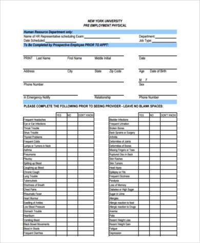 employment health physical form