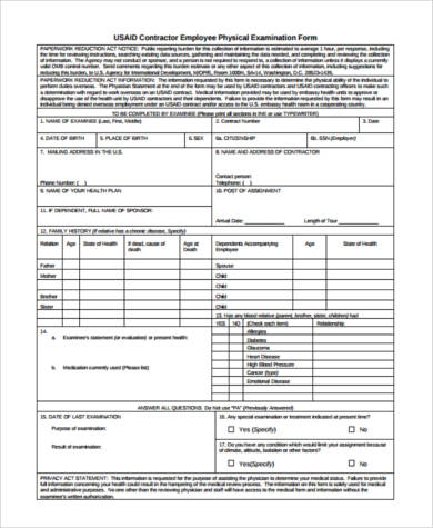 employment physical exam form