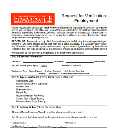 employment verification request form in word format