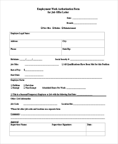 employment work authorization form for job offer letter