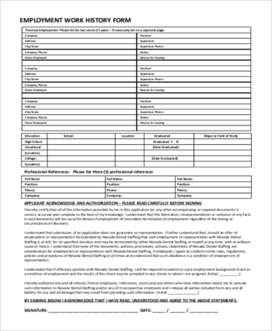 employment work history form