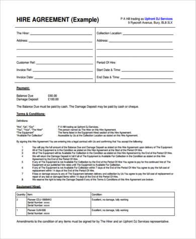 equipment hire contract form