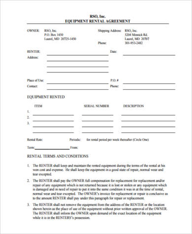equipment rental contract form