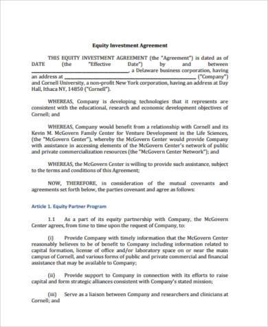equity investment agreement form